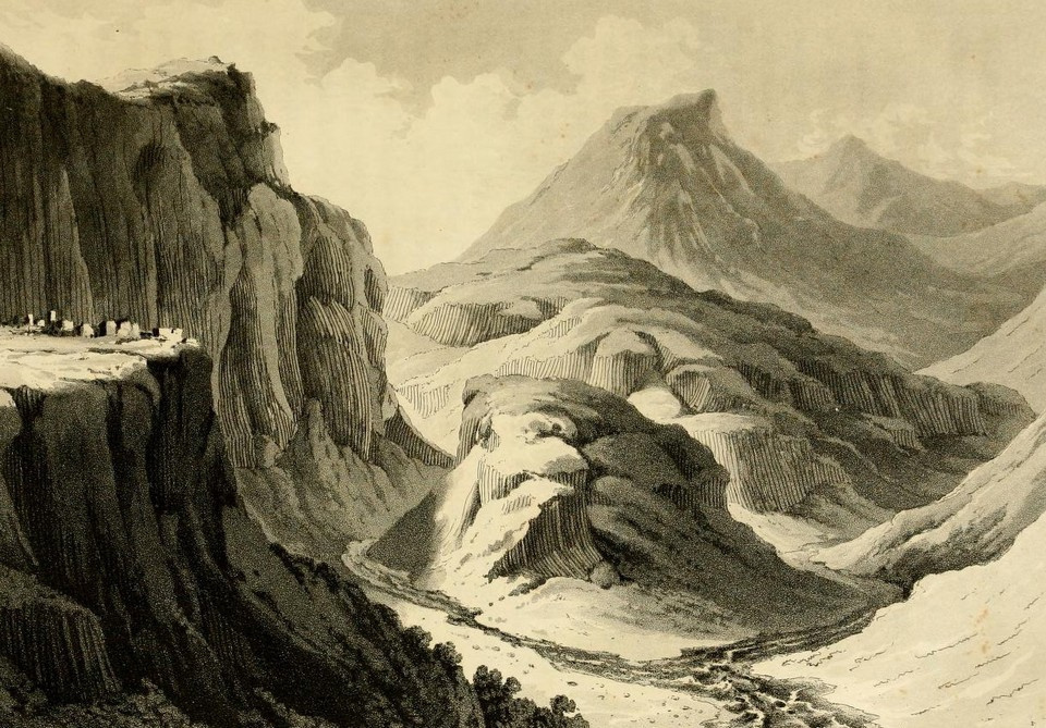 Рисунок Роберта Кера Портера ущелья Гарни (опубликовано в 1821 году). Руины храма можно увидеть на мысе слева