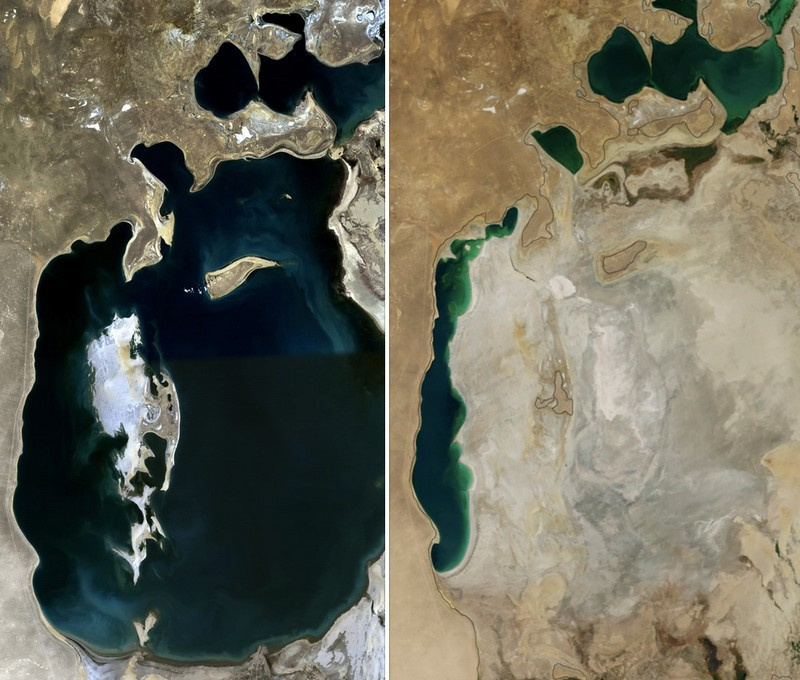 Аральское море в 1989 году и в 2014 году
